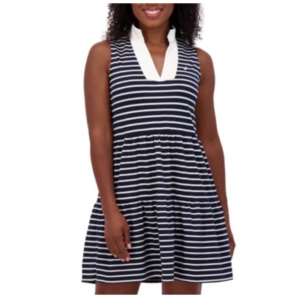 NAUTICA Tiered Mini Dress Womens Large Navy White Striped Sleeveless Pockets NWT - Picture 10 of 16